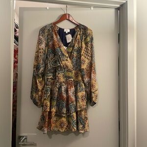 Socialite Paisley Long Sleeve Dress - Blue, Brown, Yellow